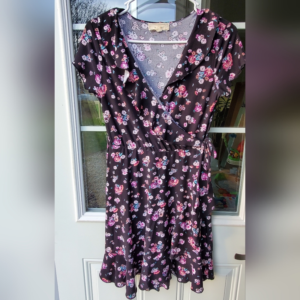 Black faux wrap with small floral print